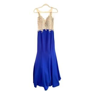 NWT Abby Paris Trumpet Illusion Gown, Royal Blue, 93019, Sz 4